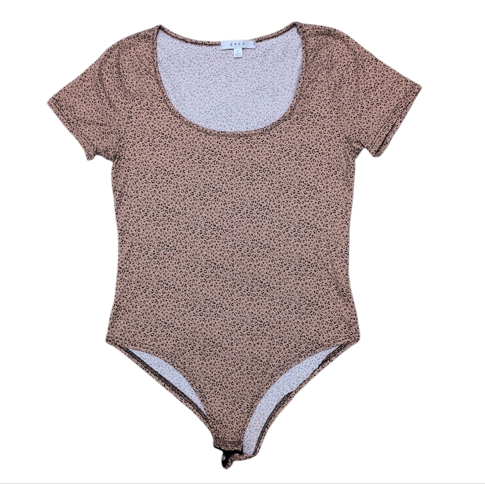 Gaze Bodysuit Leopard Animal Print Short Sleeve Stretchy Camel Light Brown Small
